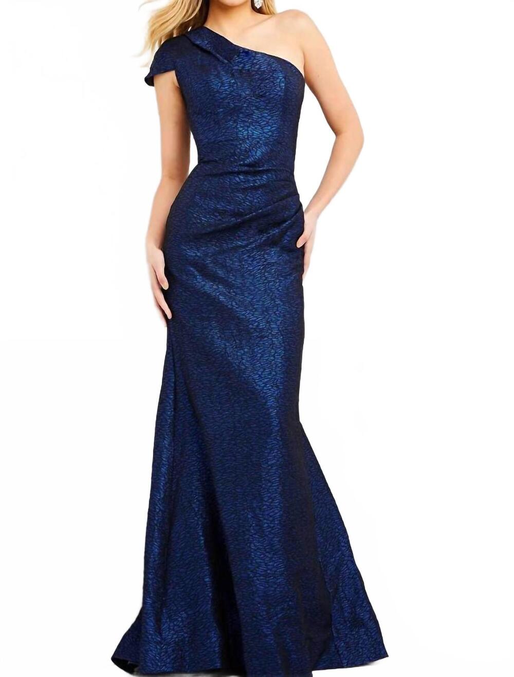 NEW JOVANI one shoulder gown in cobalt